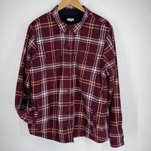 LL Bean Men Plaid Flannel Fleece Lined Shirt Jacket Burgundy Yellow White XL‎